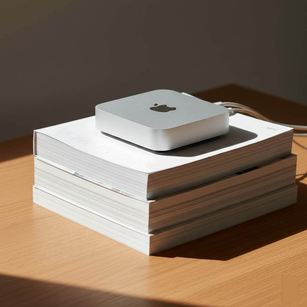 Mac mini 放置在乾淨的書籍堆上象徵極簡生活 / Mac mini sitting on a clean stack of books representing minimalist lifestyle